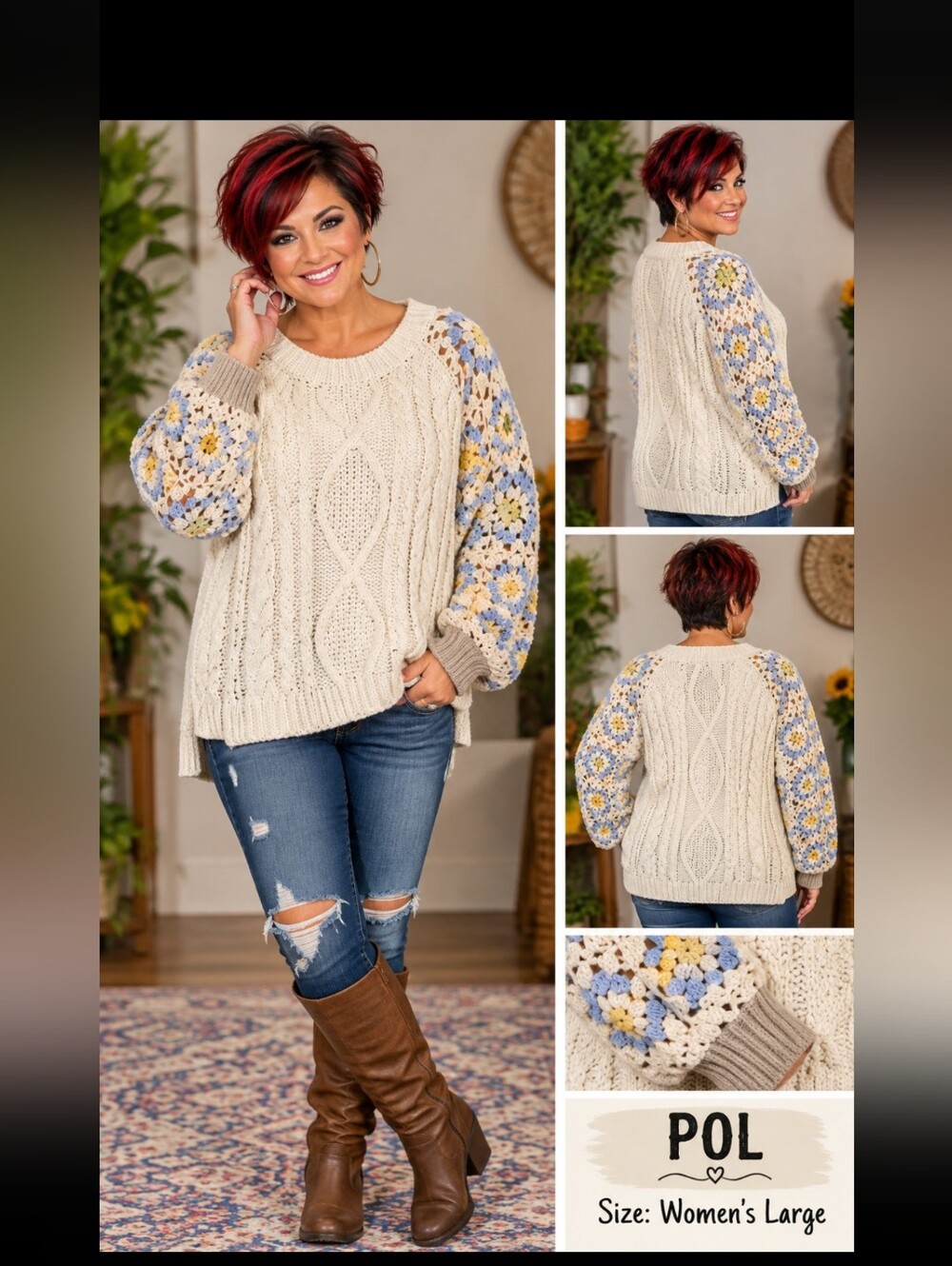 POL Cream Cable Knit Oversized Sweater with Blue and Yellow Crochet Sleeves